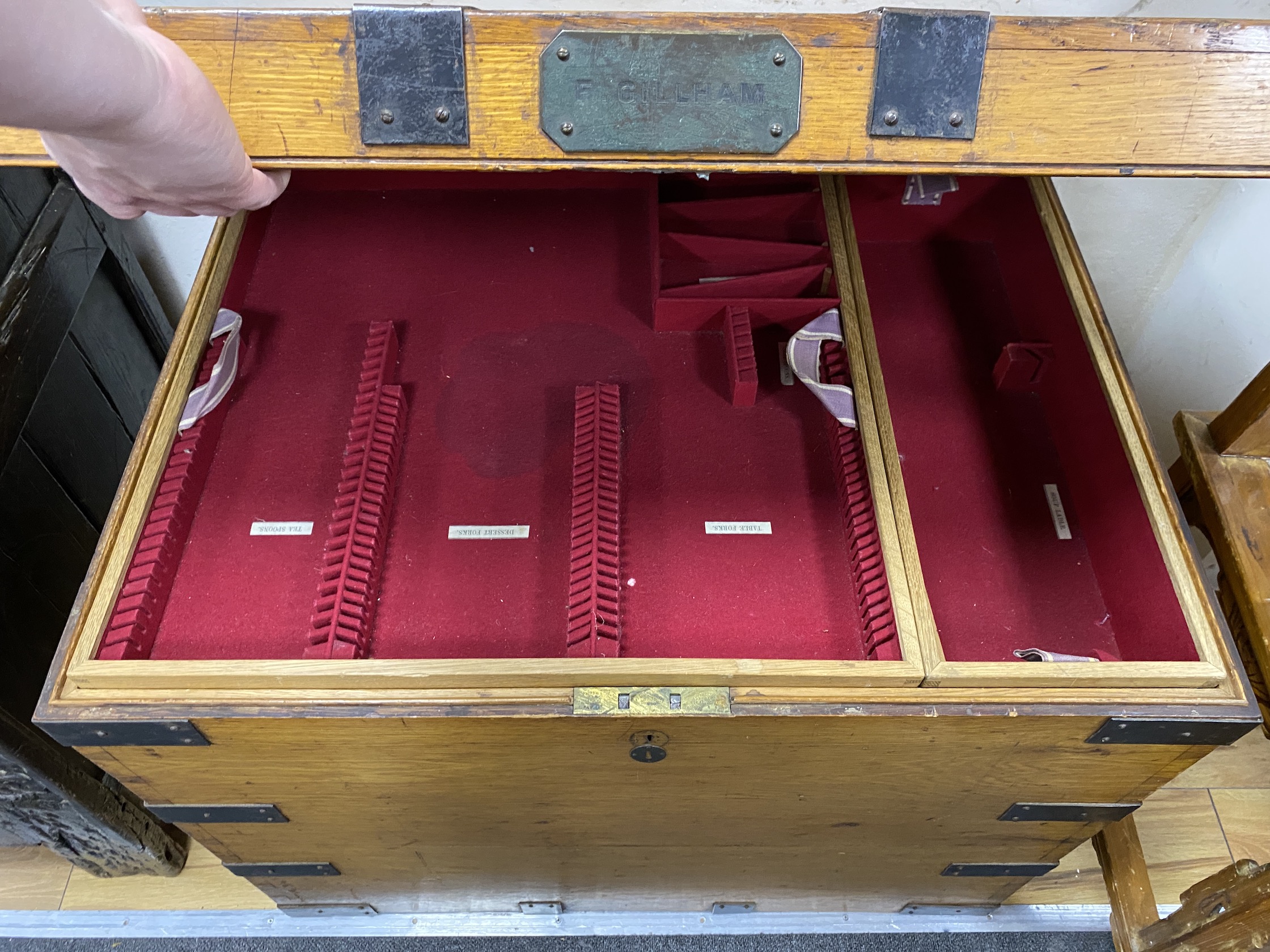 A Victorian iron bound oak silver chest, the plaque engraved F. Gillham, width 80cm, depth 59cm, height 70cm